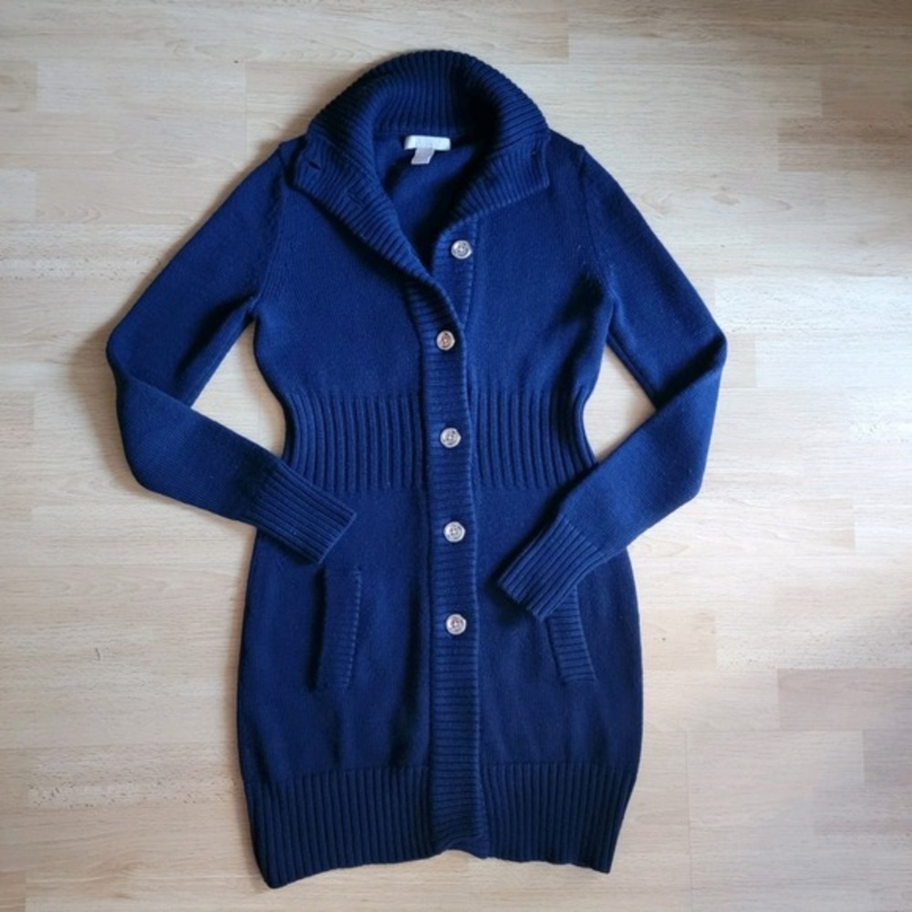 Banana Republic Womens Navy Blue 100% Merino Wool Longline‎ Cardigan Sweater XS